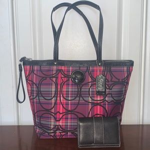COACH Tote Purse | Pink/Purple Plaid | Small Black Coach Wallet included